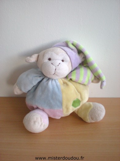 Doudou Singe Cmp Bleu jaune vert rose pastels 