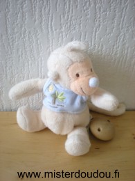 Doudou Singe Jollybaby Beige tshirt bleu palmier Doudou avec dans le dos un cordon + attache en bois