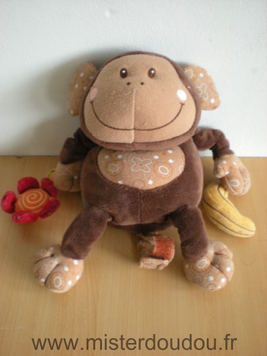 Doudou Singe Lilliputiens Basile marron bleu fleur banane 