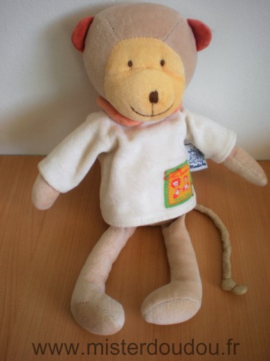 Doudou Singe Moulin roty Beige tshirt blanc Doudou usagé la queue est entièrement abimée le proposons juste pour dépannage urgent