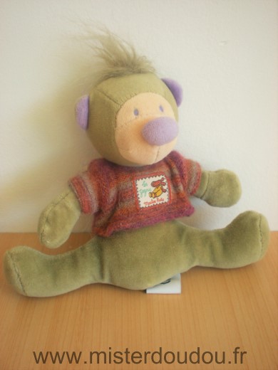 Doudou Singe Moulin roty Vert pull marron les zouzous 