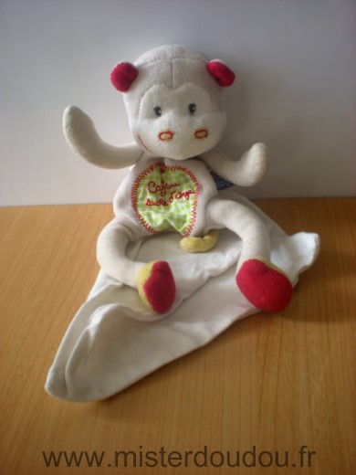 Doudou Singe Sucre d orge Gris rouge cajou mouchoir blanc 