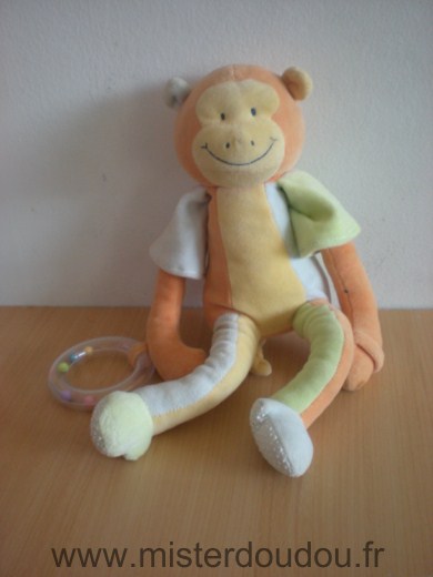 Doudou Singe Sucre d orge Orange jaune vert  avec anneau hochet 