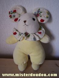 Doudou Souris Ajena Jaune avec colerette et oreilles blanches avec motifs fleurs 