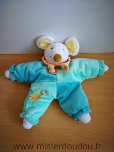 Doudou Souris Baby nat Bleu col orange 