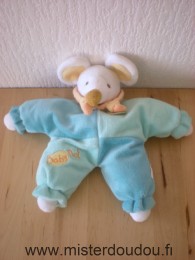 Doudou Souris Baby nat Bleu vert blanc col  rose interieur des oreilles jaune 