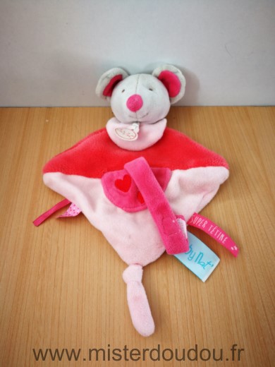 Doudou Souris Baby nat Rose coeur attache tetine 