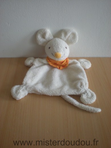 Doudou Souris Babydream Blanc foulard rayé jaune orange 