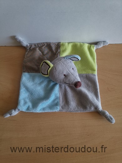 Doudou Souris Carré blanc Gris bleu vert 