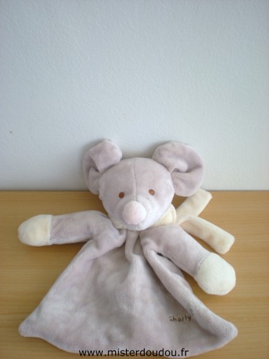 Doudou Souris Charly et compagnie Gris echarpe blanche 