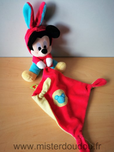 Doudou Souris Disney Mickey bleu rouge mouchoir rouge jaune 