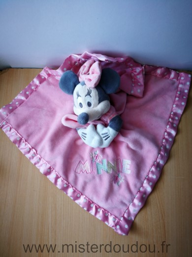 Doudou Souris Disney Minnie mouchoir rose liseret rose points blanc 