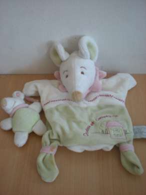 Doudou Souris Doudou et compagnie Barbotine avec bébé souris blanc rose vert broderie maison 
