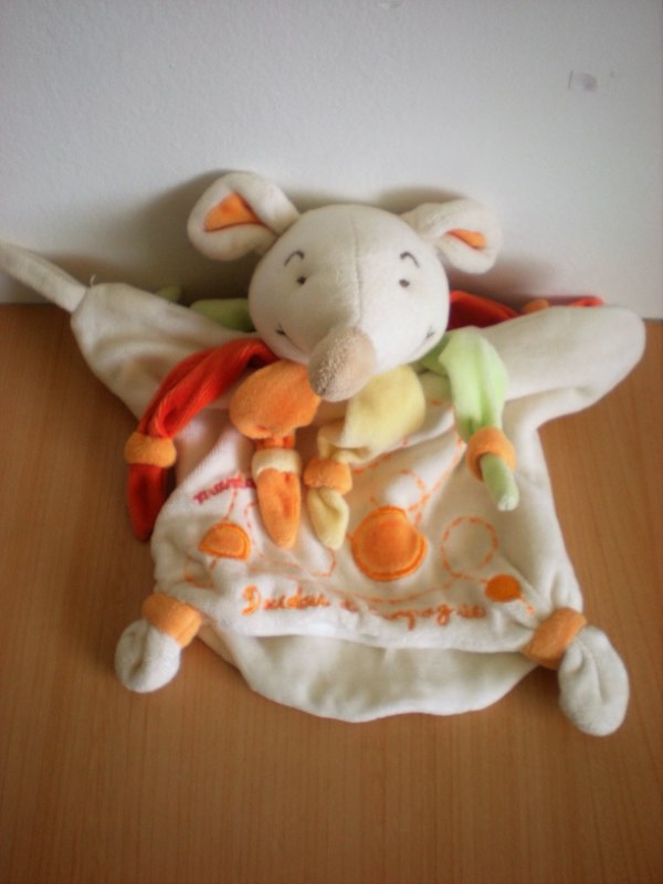 Doudou Souris Doudou et compagnie Clara blanc orange vert maman 