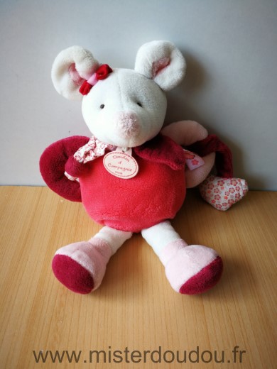 Doudou Souris Doudou et compagnie Clementine rose blanc cleur 