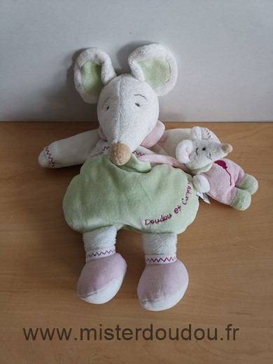 Doudou Souris Doudou et compagnie Vert blanc rose barbotine avec bebe 