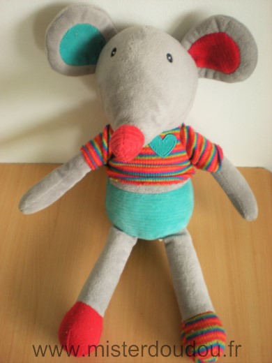 Doudou Souris Eveil et jeux Ebulobo achille gris bleu rouge pull raye coeur 