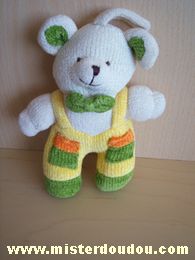 Doudou Souris Gerca En tricot blanc salopette jaune verte orange 