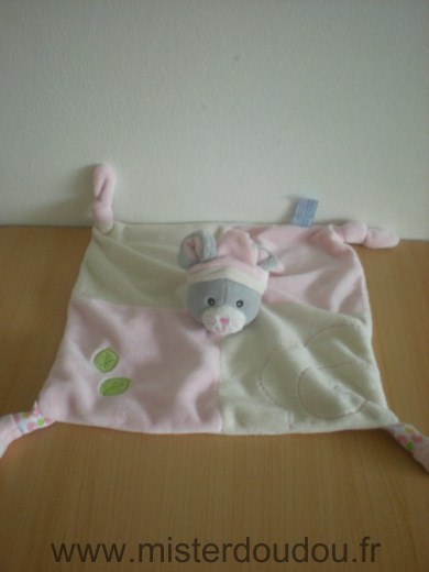 Doudou Souris Gipsy Ecru rose bonnet rose feuilles vertes 