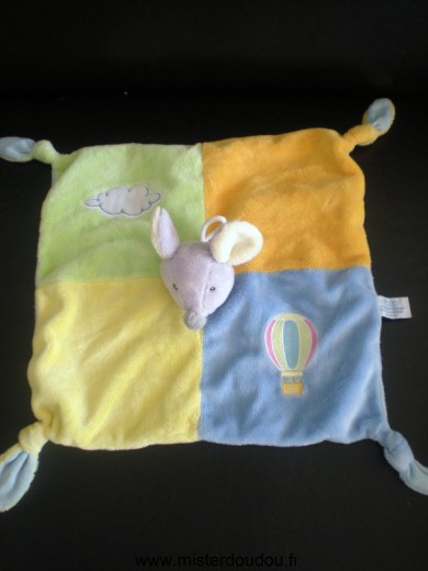 Doudou Souris Gipsy Orange vert jaune bleu avec nuage et montgolfiere brodés 