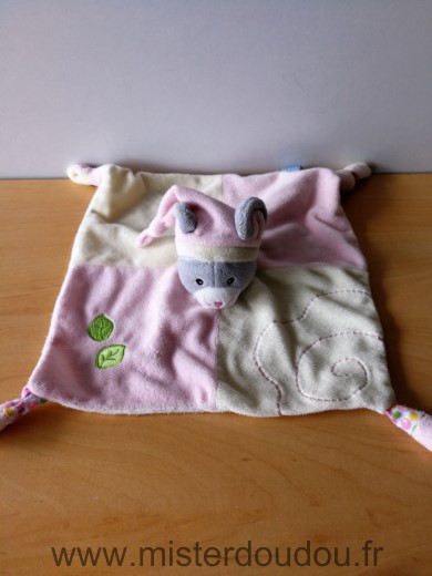 Doudou Souris Gipsy Rose ecru feuilles vertes Bouloches dessous