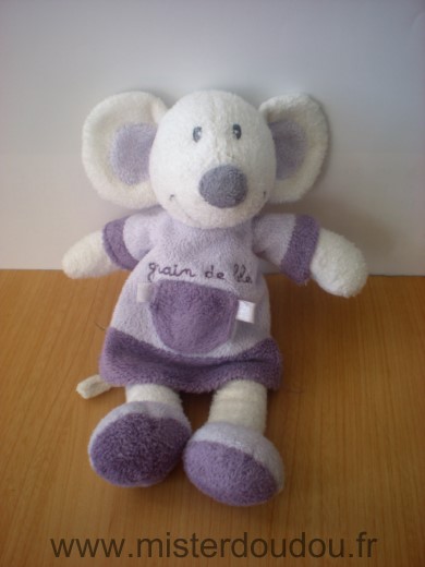 Doudou Souris Grain de ble Blanc robe mauve violet 