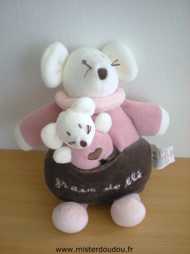 Doudou Souris Grain de ble Rose marron avec bébé souris 