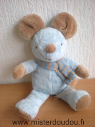 Doudou Souris Graine d éveil Bleu marron écharpe rayée marron bleu 