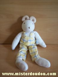 Doudou Souris Jacadi Blanche avec salopette jaune carreaux bleu 