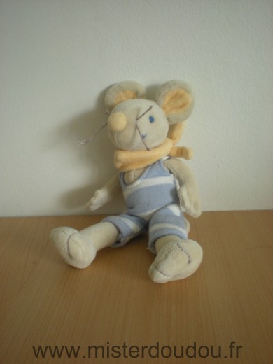 Doudou Souris Jollybaby Beige salopette rayé bleu blanc foulard jaune 