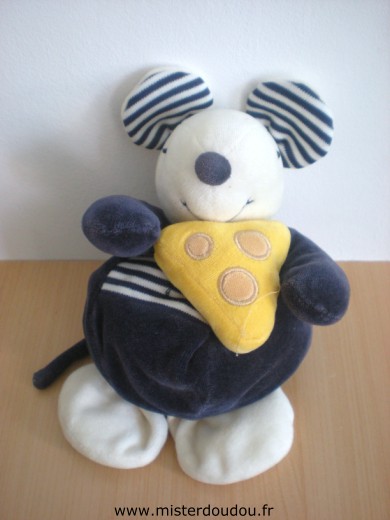 Doudou Souris Jollybaby Souris bleu marine blanc avec son fromage jaune 