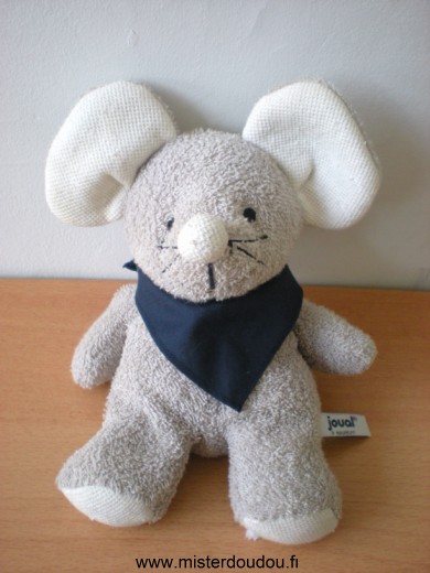 Doudou Souris Joual Gris interrieur des oreilles écru foulard bleu 