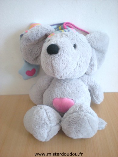 Doudou Souris Maxita Gris bonnet rayé multicolore bleu mauve rose jaune 