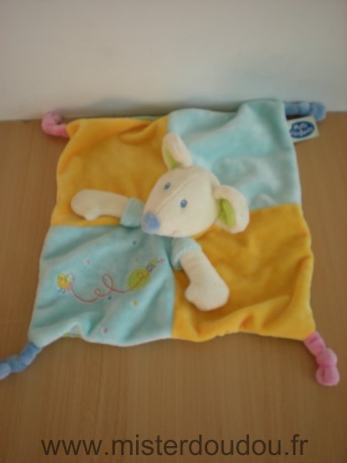 Doudou Souris Mots d enfants Bleu jaune dessous raye vert bleu 