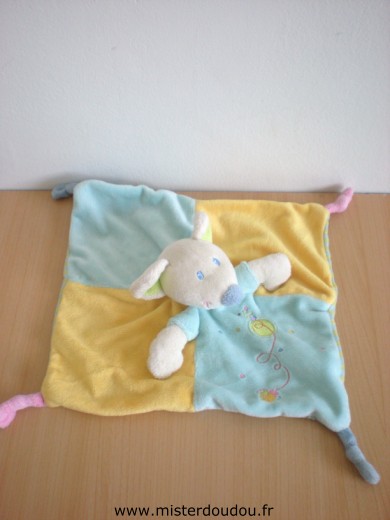 Doudou Souris Mots d enfants Bleu jaune dessus rayé bleu vert dessous 