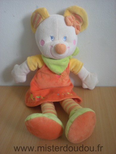 Doudou Souris Mots d enfants Robe orange foulard vert 