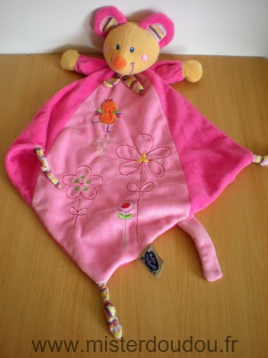 Doudou Souris Mots d enfants Rose fushia  motif oiseau fleurs 