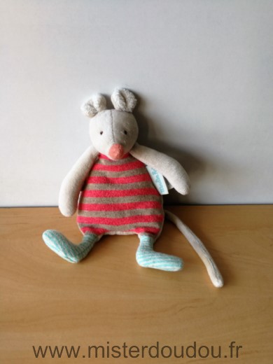 Doudou Souris Moulin roty Beige raye rouge biscotte et pompon 