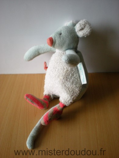 Doudou Souris Moulin roty Blanc bleu biscotte et pompon 