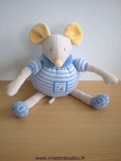 Doudou Souris Moulin roty Bleu jaune Tissus un peu bouloché