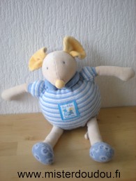 Doudou Souris Moulin roty Lise et lulu bleu blanc jaune Tissus un peu bouloché