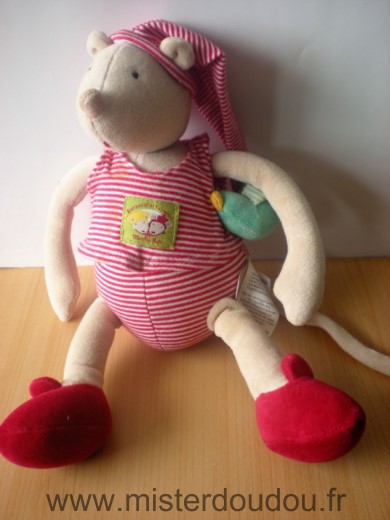 Doudou Souris Moulin roty Rouge blanc rayures balthazar et valentine 