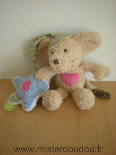 Doudou Souris Nici Beige etoile bleue bonnet raye mauve vert lillebi 