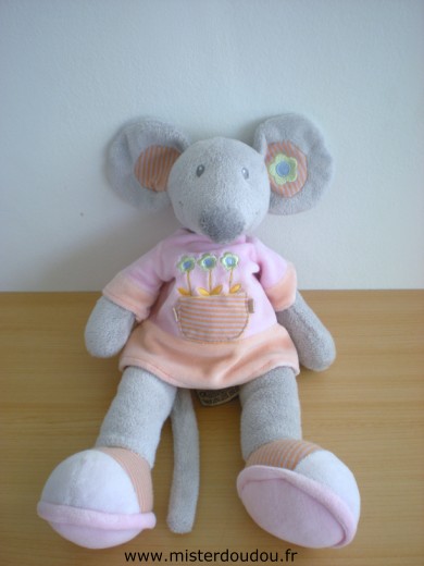 Doudou Souris Nicotoy Gris rose rose avec 3 fleurs 