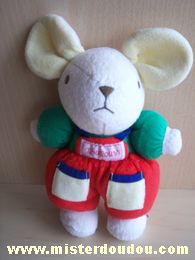 Doudou Souris Nounours Blanc vert salopette rouge Petite trace sous les pieds