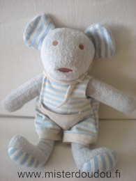 Doudou Souris Nounours Gris salopette rayée bleu blanc 