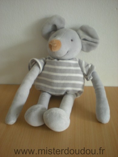 Doudou Souris Nounours Grise raye gris blanc 