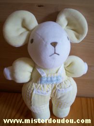 Doudou Souris Nounours Jaune blanc Ecrit nounous sur la salopette jaune rayée blanc