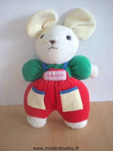 Doudou Souris Nounours Vert salopette rouge 