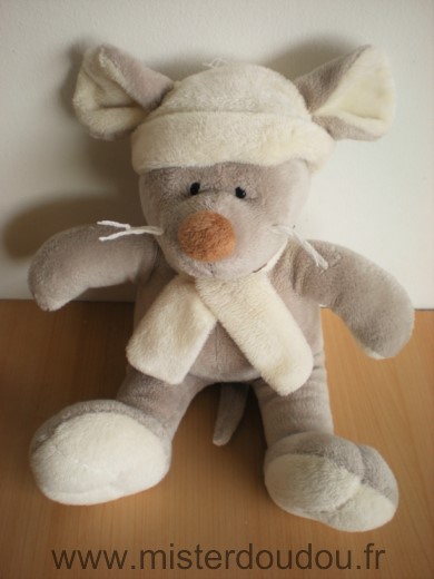 Doudou Souris Planet pluch Grise bonnet echarpe ecru 